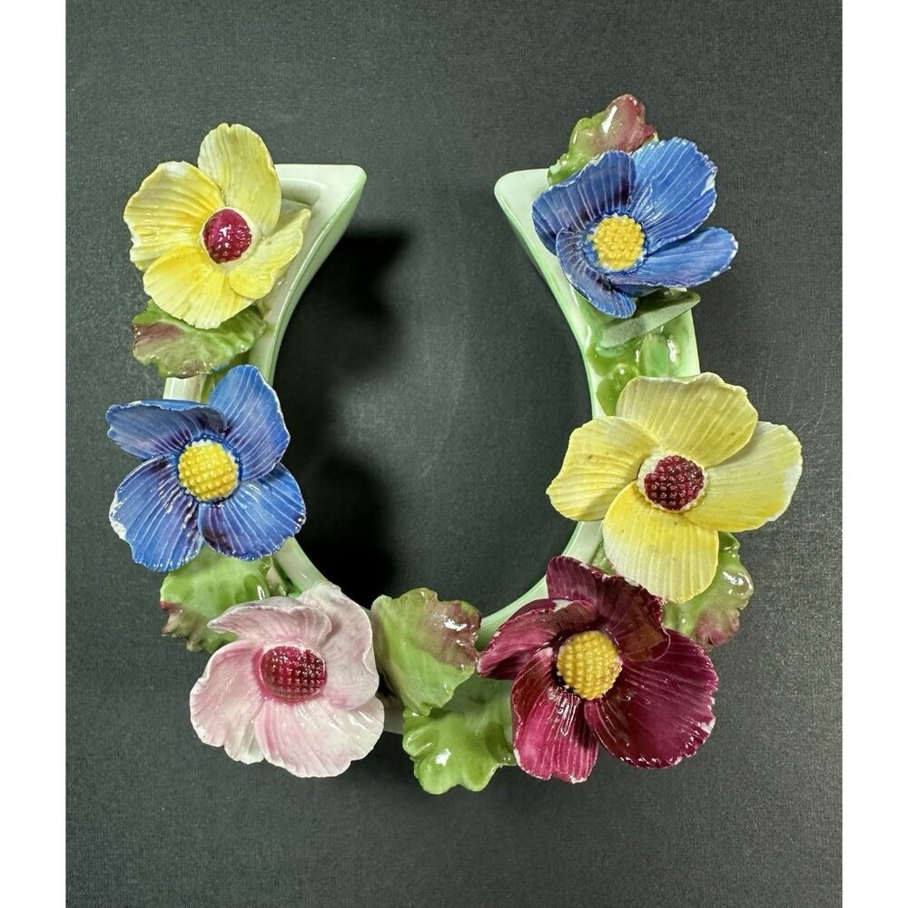 Denton Bone China Floral Horseshoe Figurine Good Luck England 3.25” Chips *READ